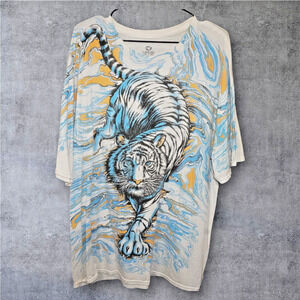 Vintage Liquid Blue Tiger T-Shirt Size 2XL All Over Graphic Animal Print Nature